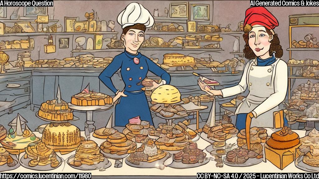 A plain color cartoon style image of an astrologer wearing a pointy hat decorated with stars, standing behind a bakery counter filled with pastries. He has a confused expression, and a rolling pin is lying unused on the counter.
