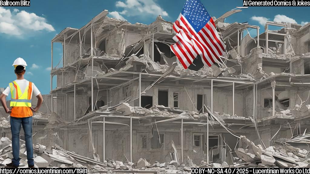 a cartoon style image in plain colors, showing a perplexed construction worker in a hard hat looking at a partially demolished building with a flag on top of the roof. The worker is holding a large bag of cement that says "Extra Cement".