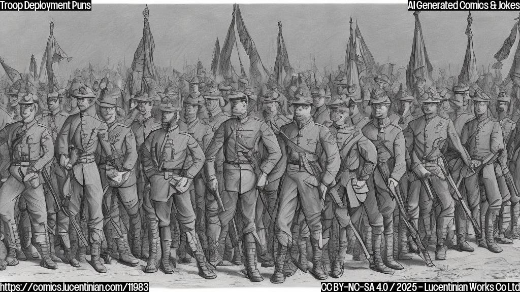 A plain color cartoon style drawing showing a line of uniformed soldiers from the side, viewed from the chest up. The background is plain blue. The soldiers have neutral expressions.