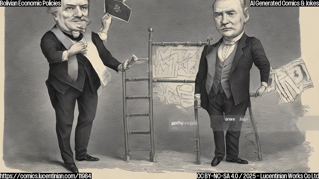 A cartoon-style image of a generically dressed president-elect, maybe with a sash but no specific flags, standing next to a graph showing a steep downward trend. He's holding a comically large ladder labeled "Fiscal Responsibility" with a determined expression. The background is a plain light blue.