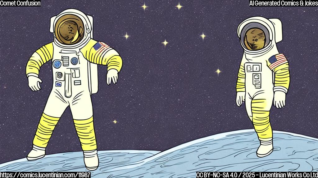 A simple cartoon drawing of a light-yellow colored astronaut standing in space, shrugging his shoulders with a confused expression, stars in the background, plain blue background.