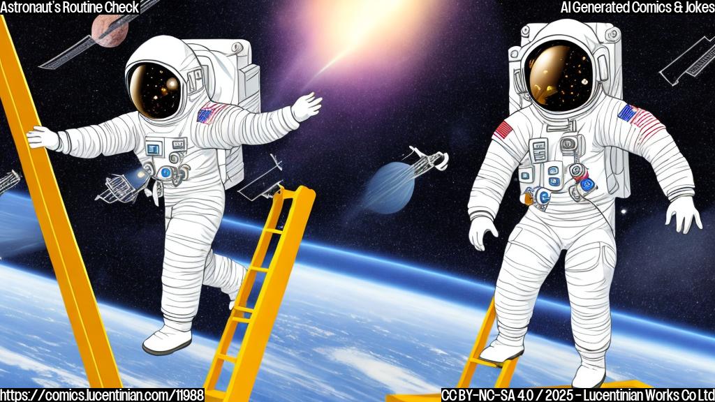 A simple cartoon of an astronaut in a white spacesuit floating in space near a space station. She is holding a small, colorful ladder. The background is a solid, dark blue.