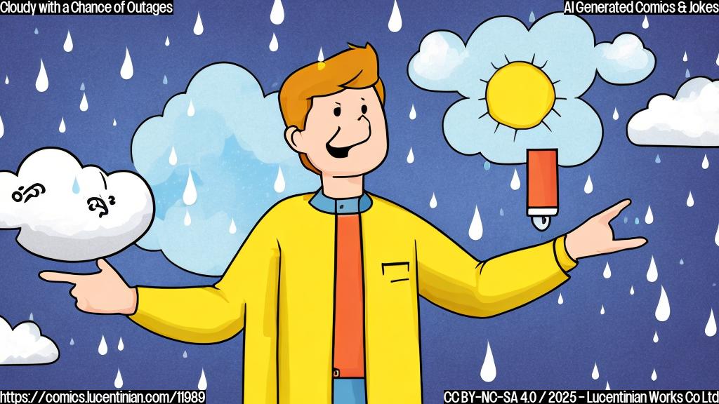 A cartoon weather forecaster with a concerned expression, pointing at a cartoon cloud that is partially disconnected and raining error messages. The background is a bright, sunny sky with a single, ominous, grey cloud. The style is flat, simple colors.