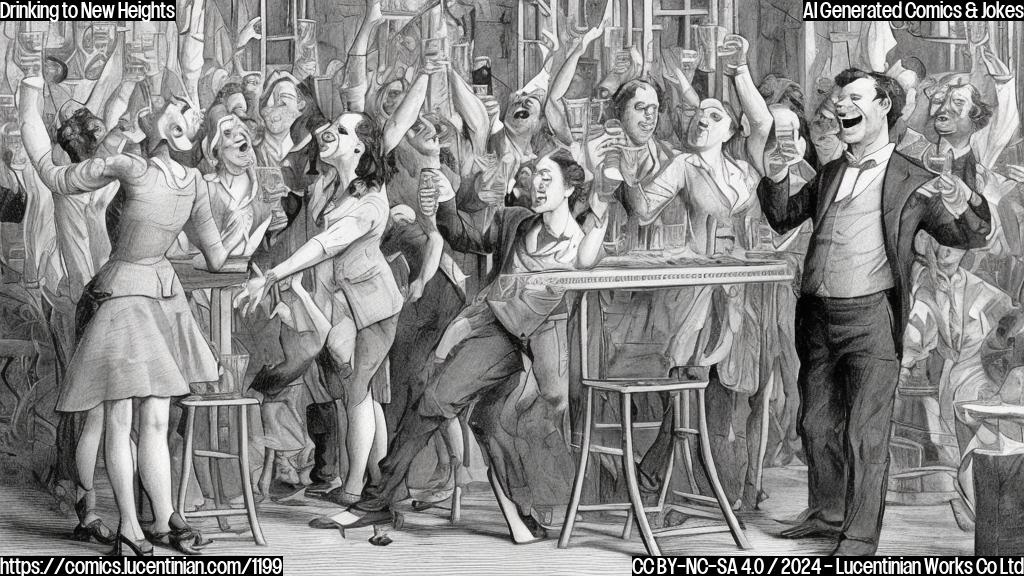 Draw an illustration of a person holding a glass and standing next to a step stool or ladder, with a party atmosphere in the background (e.g., people laughing, music, etc.). The person's facial expression should convey excitement and enthusiasm for drinking.