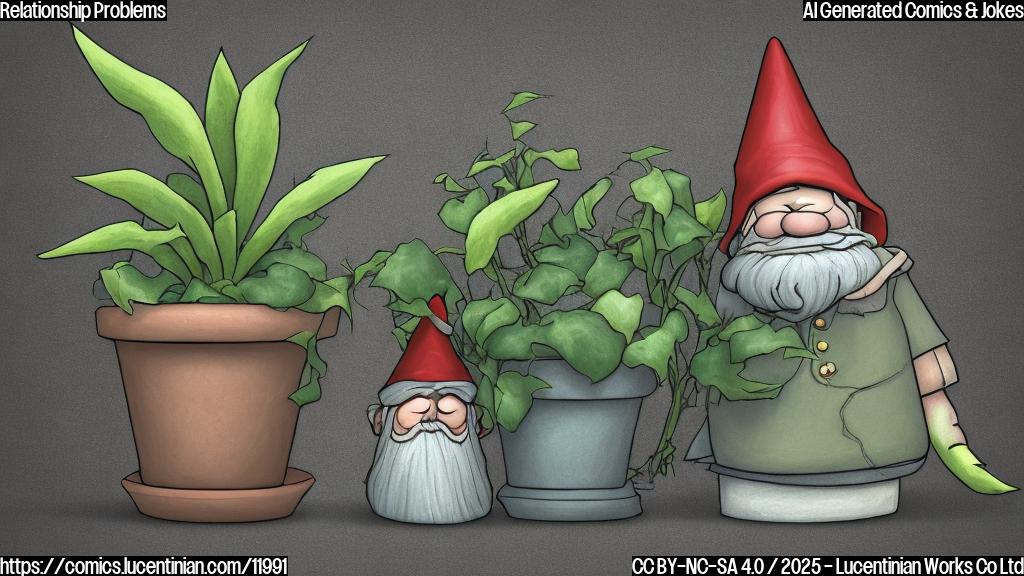 Plain color cartoon style image of a sad looking house plant in a pot with wilting leaves next to a stern-looking garden gnome with a pointy hat, both facing away from each other.