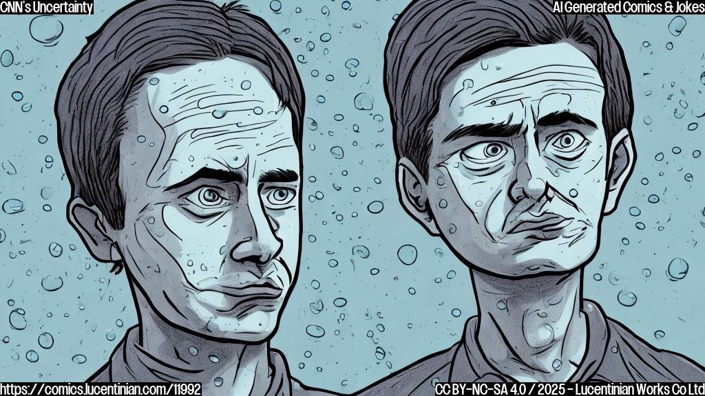 Plain color cartoon style image of a blue colored generic news television with worried face and sweat drops.