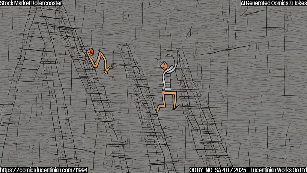 a plain color cartoon style picture of a smiling stick figure climbing a very steep upward sloping line graph using a ladder, followed by a large and sudden drop.