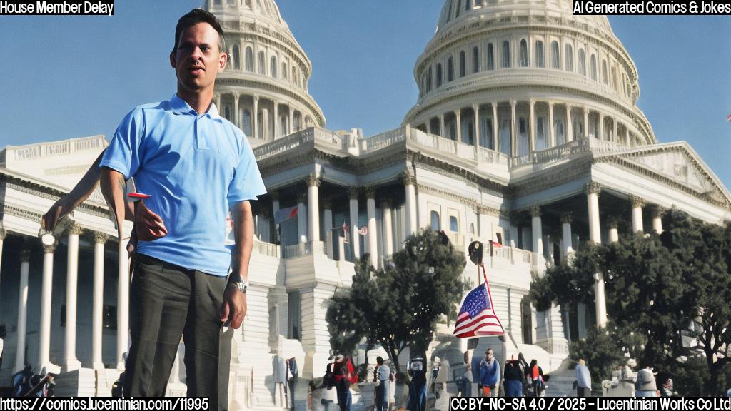A cartoon-style image of a newly elected representative from Arizona standing outside the US Capitol building, holding a folded chair with a frustrated expression. The sky is a plain light blue color.