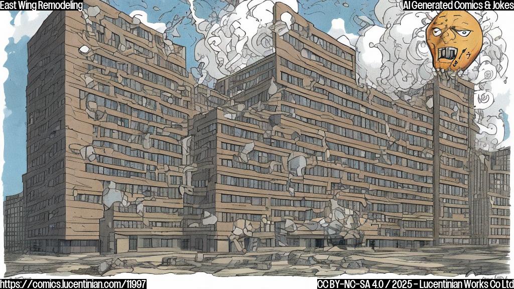a plain color cartoon style picture of an East Wing office building crying while a wrecking ball with an angry face swings towards it