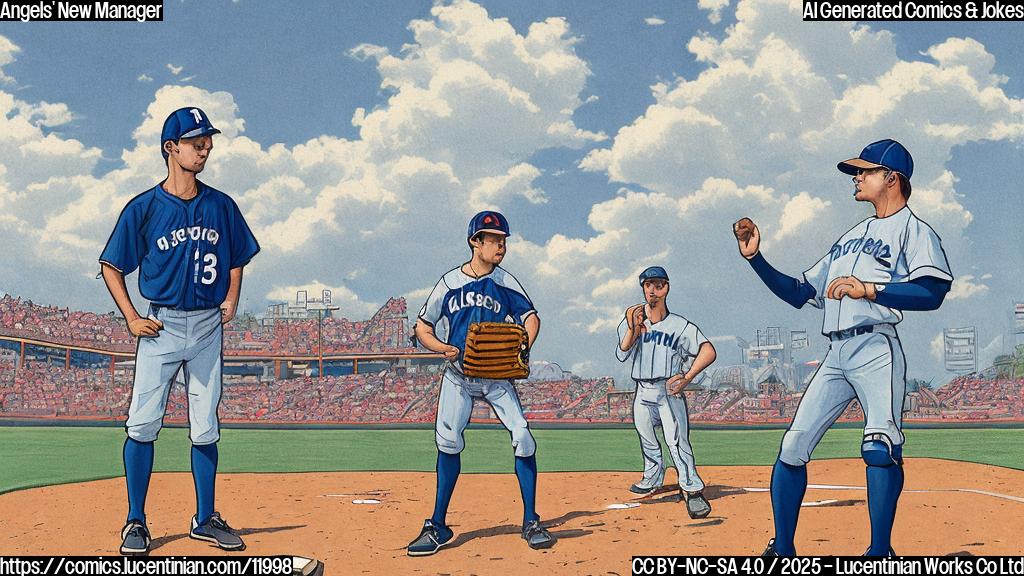 a plain color cartoon style picture of a baseball field. A person wearing a baseball cap and jersey and catcher's gear is standing near the pitcher's mound, gesturing with a clipboard in hand. There is baseball player with the same jersey on the background. The sky is light blue.