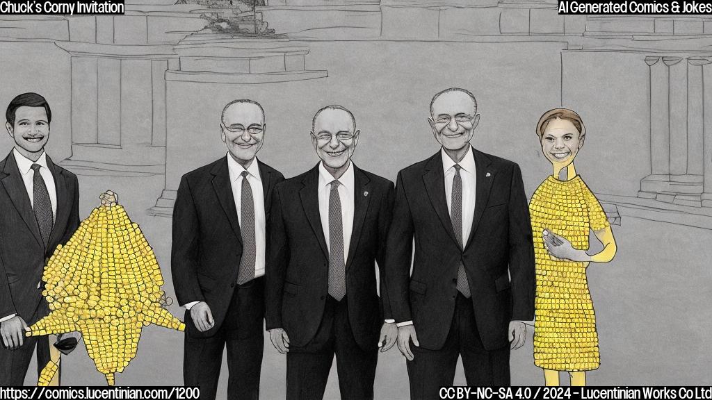 Draw a simple cartoon of Chuck Schumer, David McCormick, and Ruben Gallego standing together in front of a Senate building, with Chuck holding a corn on the cob and smiling. Chuck is wearing a suit and holding a briefcase. David is dressed in a suit and tie, looking serious. Ruben has a big smile on his face, with a hint of corn kernels scattered around him.