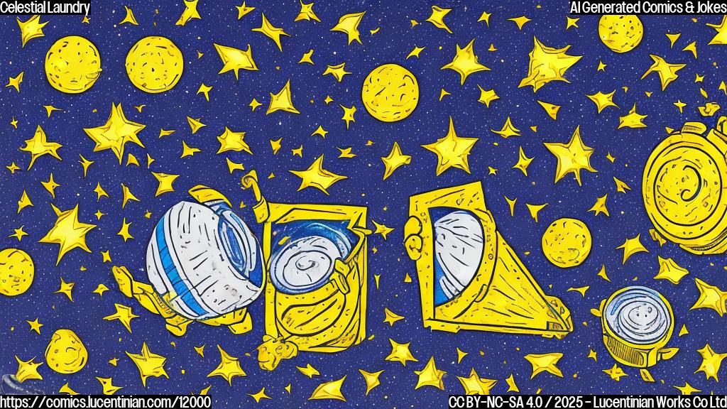 A cartoon-style illustration of a bright yellow five pointed star wearing a white and blue striped apron, standing next to a white washing machine floating in the dark space. Several small blue meteors are visible. The style is plain color and lighthearted.