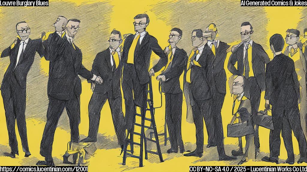 A simple cartoon drawing with a plain yellow background. A person with glasses and a suit is holding a comically small ladder, facing a group of faceless figures in suits.