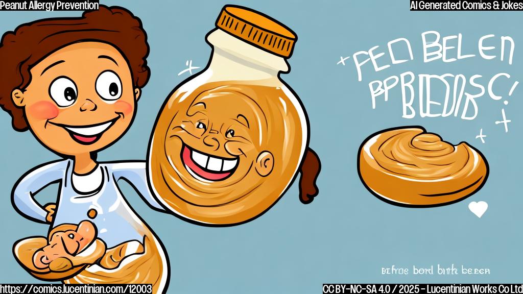 Cartoon style image of a jar of peanut butter smiling and holding a baby, with a speech bubble saying "Let's be friends!". The background is a light blue plain color.