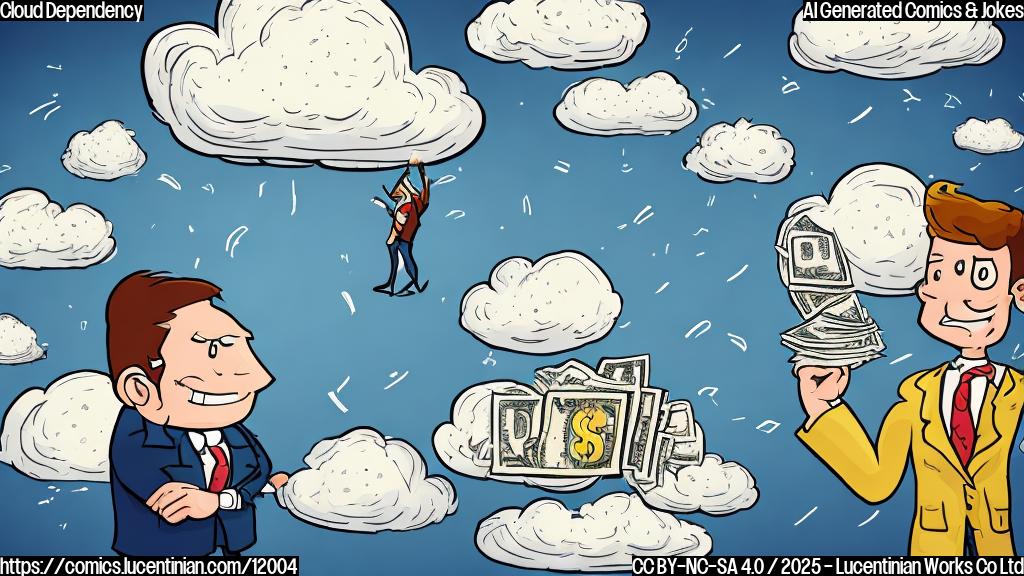 plain color cartoon style picture of a small business owner looking stressed while juggling servers in the sky and a large, smiling cloud with dollar signs on it, receding into the distance.