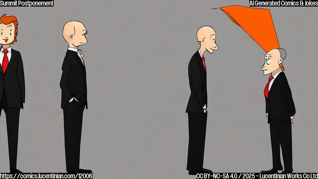 A cartoon image with two simple figures, one representing an orange-haired person with a business suit and a red tie, and the other a bald person with a grey suit. They are standing far away from each other with their backs turned, in a plain white background.