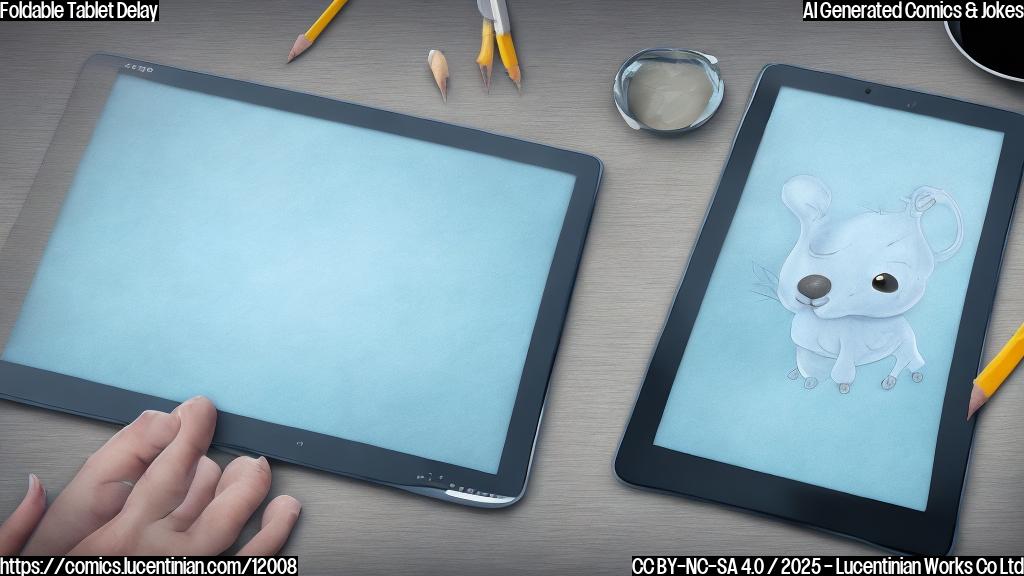 Draw a plain color cartoon style picture of a sad looking grey foldable tablet with a large, slightly cracked screen. The background is a simple light blue.