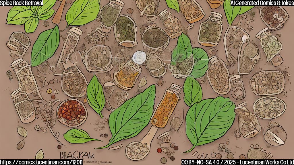 A cartoon drawing in plain colors of a spice rack with various spices. One spice jar is labelled "Loos Leaf" and is conspicuously placed next to another labelled "Beckham Basil". The style is simple and childish, focusing on humor rather than realism.