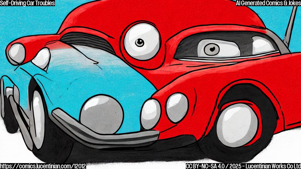 A simple cartoon illustration of a bright red, modern-looking car with large, expressive eyes, driving down a road that suddenly forks into three different directions. The car looks confused, with a question mark bubble above it. The background is a plain light blue. The style is minimalist and childish.