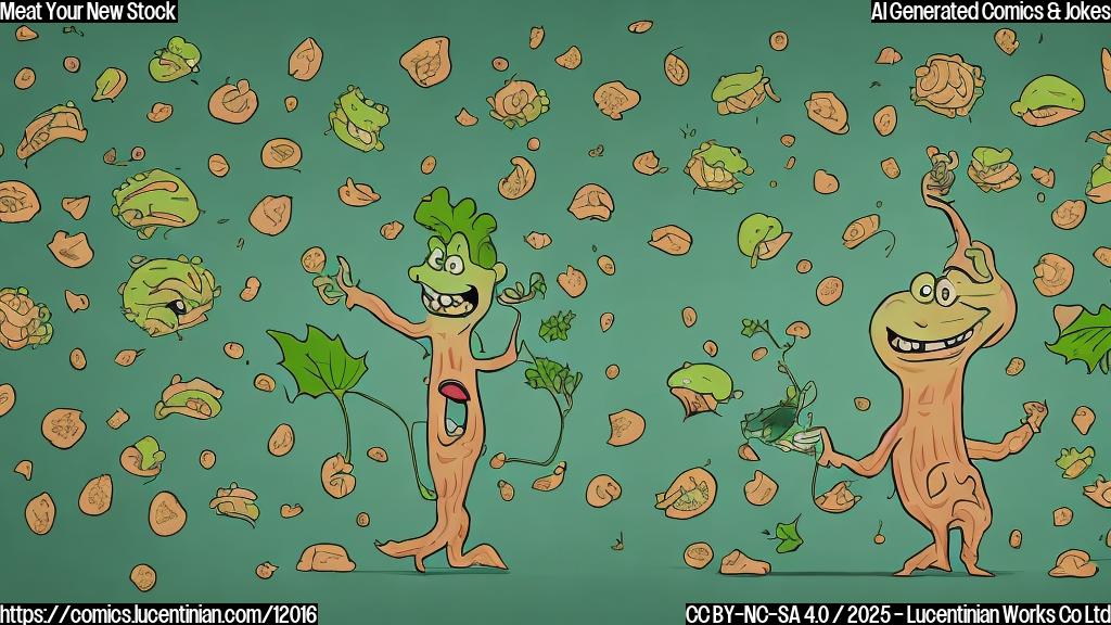 A cartoon of a smiling, green, plant-like character (like a tree or a leaf) holding a chart with a rapidly growing graph, surrounded by tiny, happy, meat-eating emojis 🍖🌮. The background should have a subtle, stock market-style texture.