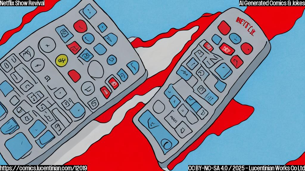 Plain color cartoon style drawing of a TV remote with a Netflix logo on it, sitting on top of a red ice pack on a light blue background.