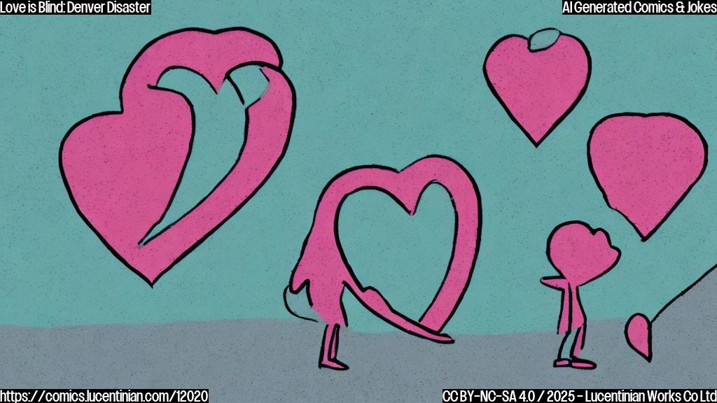A simple cartoon image with a plain pink background. The image shows two abstract figures representing people. One figure has a heart shape hovering near them, but the heart is cracked. Both figures have sad expressions, represented by downturned lines. The figures are standing in front of a backdrop that vaguely resembles the Denver skyline but is simplified and slightly distorted.