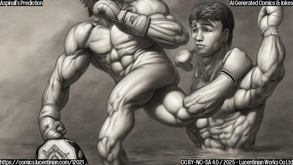 A cartoon drawing of a muscular fighter in boxing gloves standing confidently in an octagon, a lifeguard floatie barely visible behind him. The fighter has a determined expression. The style is plain color cartoon, no complex details.