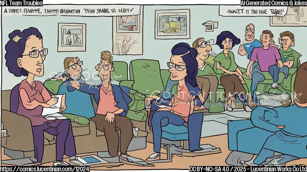 A cartoon drawing in a simple, flat color style. The scene shows a football team sitting on a large couch in a therapist's office. The team consists of various stylized players, each looking confused and anxious. The therapist, depicted as a kind-looking, bespectacled woman, is taking notes with a concerned expression. The overall tone is lighthearted and humorous.