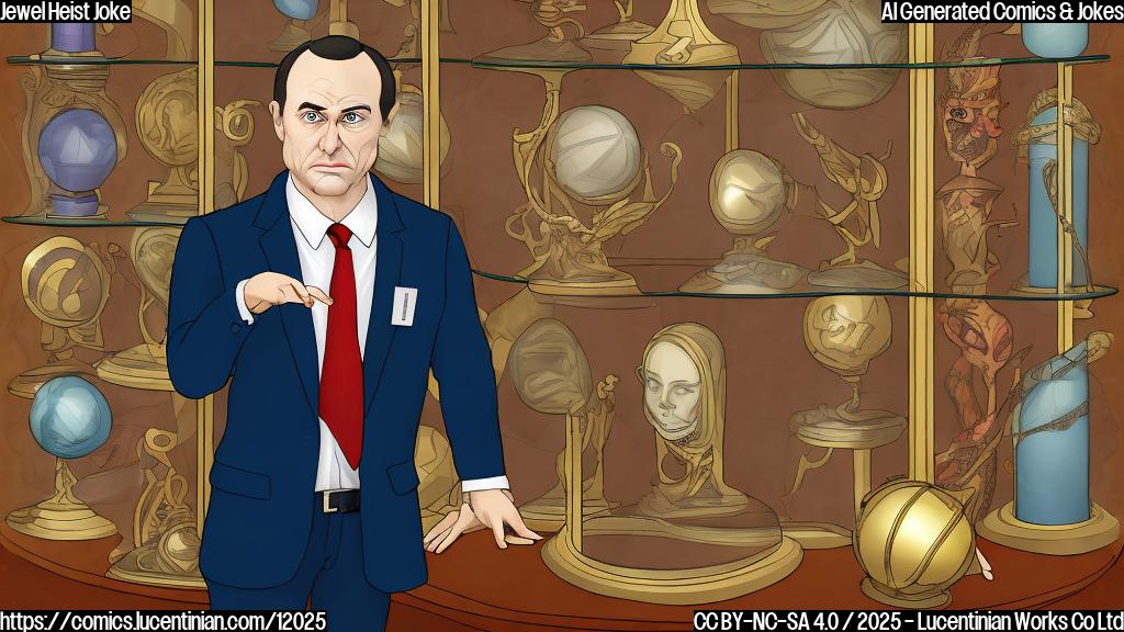 A cartoon image of a disgruntled museum director with a receding hairline, wearing a dark suit, standing in an empty display case. He's holding a golden microphone and looking off to the side with a worried expression. The display case is labeled "Missing Jewels" in bold red letters. The background is a plain light blue.