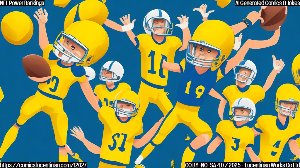 A cartoon style image with a plain yellow background. A football team made of simple shapes, including one player with a helmet and a football, is struggling to climb a very tall ladder that reaches towards the top of a leaderboard with the words "Power Rankings" at the top. The team looks determined but exhausted.
