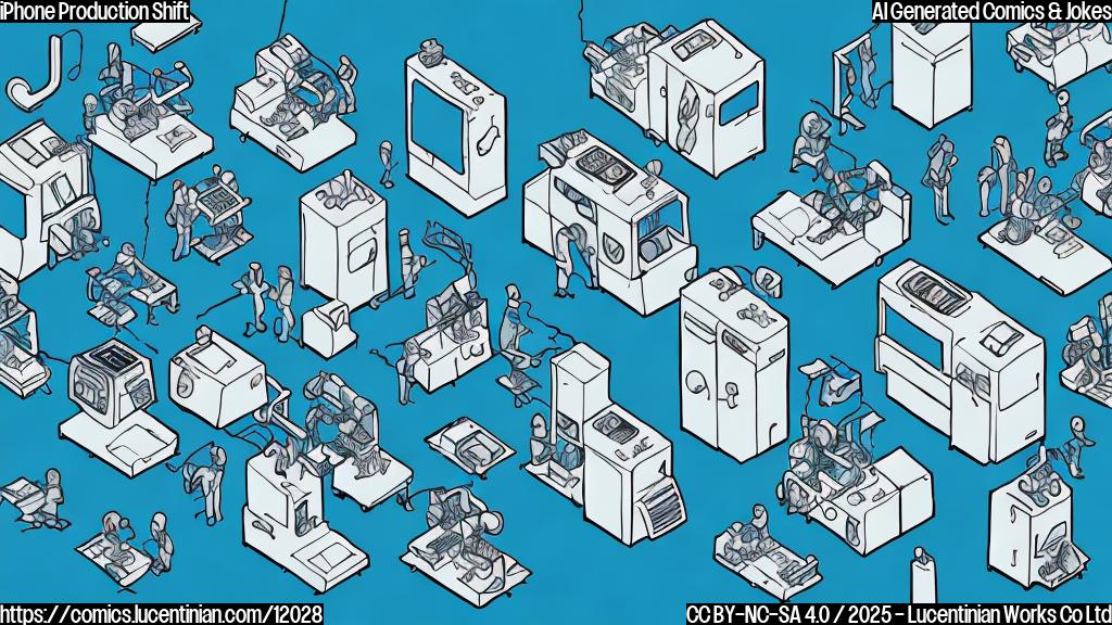 Cartoon illustration of a factory assembly line. One line is producing phones labeled "Air" with a sad face, and the other line is producing phones labeled "Pro" with a happy face. The "Pro" line is much longer and faster. The background is a solid light blue. Simple, flat colors, no gradients.