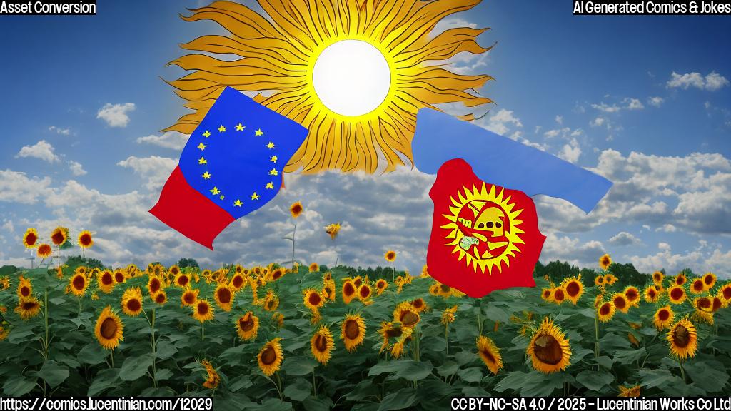 A cartoon image of a pile of ice cubes with a red hammer and sickle symbol on them, being melted by a sun with the EU flag on it, shining down on a field of sunflowers. The sky is blue.