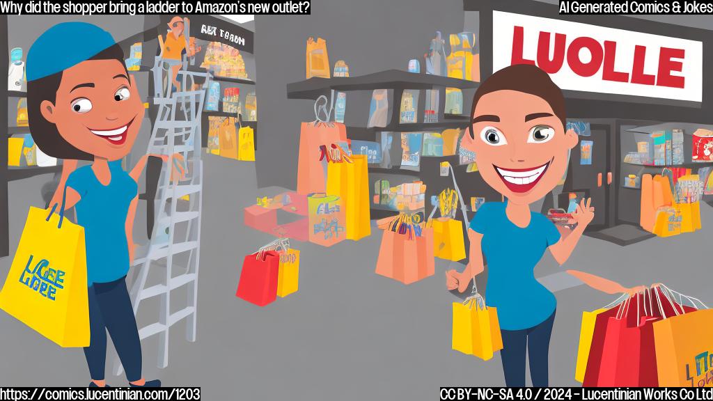 A cartoon of a person standing in front of a ladder, with a determined look on their face, holding a shopping bag and wearing a big smile, with a subtle background image of a Haul storefront with prices capped at $20. The ladder should be leaning against a storefront sign that reads "Haul Outlet".
