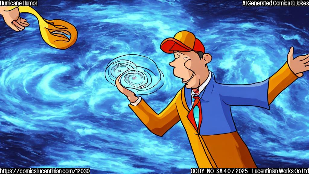 Cartoon of a worried-looking weather person standing in front of a giant swirling cartoon hurricane on a TV screen. The weather person is sweating and clutching a microphone. The background is a simple blue gradient.