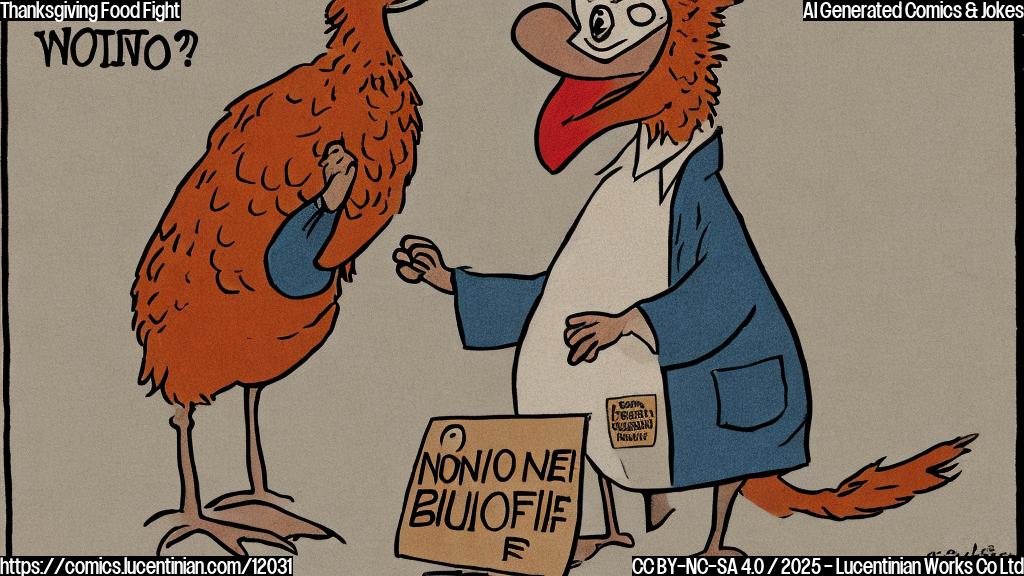 A cartoon-style, plain colored image of a worried-looking turkey wearing a tiny protest sign that says "No Benefit Cuts!" The background is a simple, light orange color.