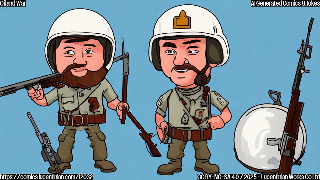 A cartoon style image with a plain light blue background. In the center, an oil barrel wearing a military helmet and holding a rifle, standing proudly.