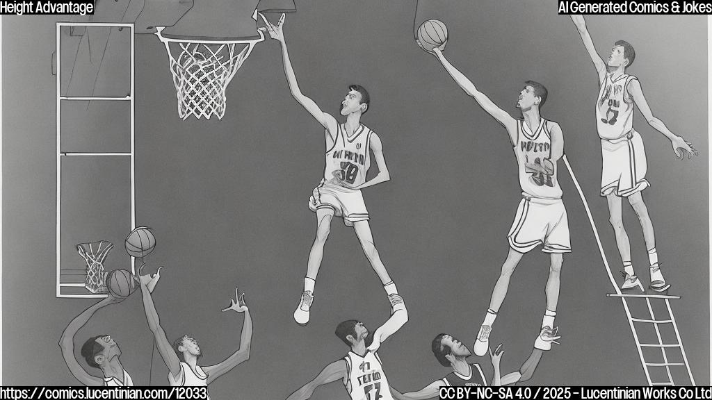 A very tall, thin cartoon basketball player standing next to a normal-sized basketball player. The tall player is holding a comically small ladder. Both are wearing basketball uniforms on a court. The art style is simple, plain colors, and cartoonish.