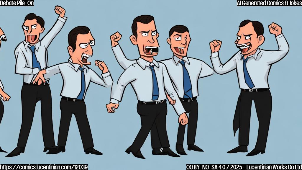 Two figures in business suits pointing aggressively at a third figure in a business suit cowering under the pressure. Plain cartoon style, solid light blue background.