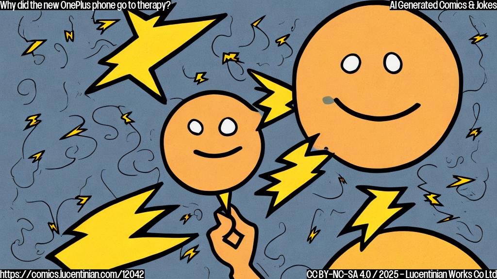 Draw a simple, cartoon-style illustration of a smiling smartphone with thought bubbles, surrounded by subtle lightning bolts and energy lines, conveying a sense of emotional turmoil.