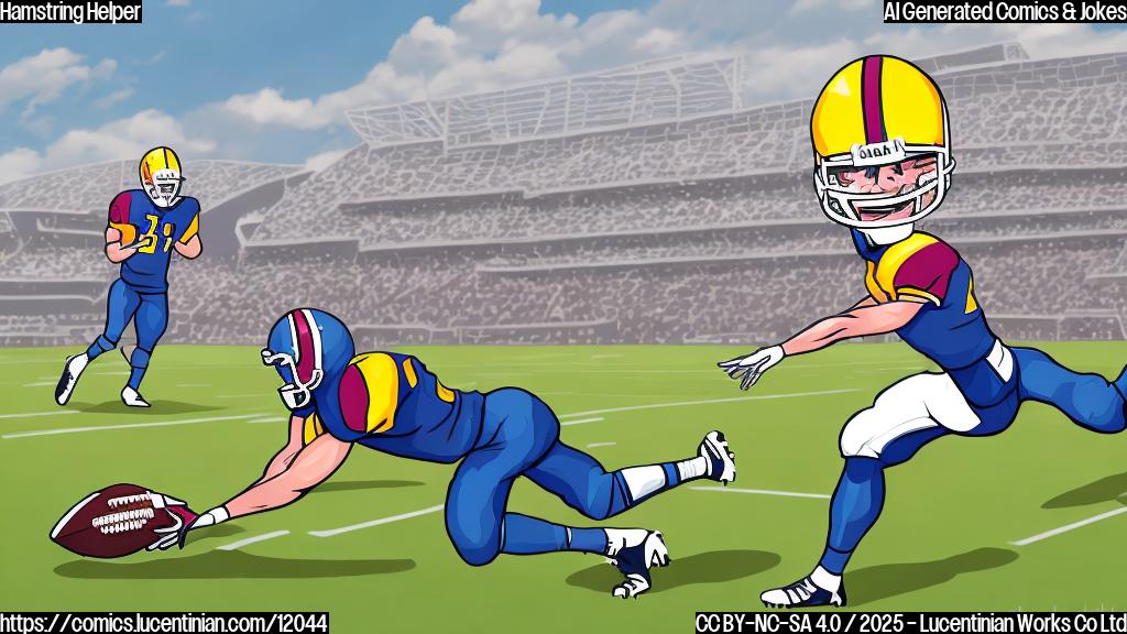 A cartoon illustration of a football player in full uniform struggling to climb over a giant hamstring on a football field. The style is simple and uses plain colors.
