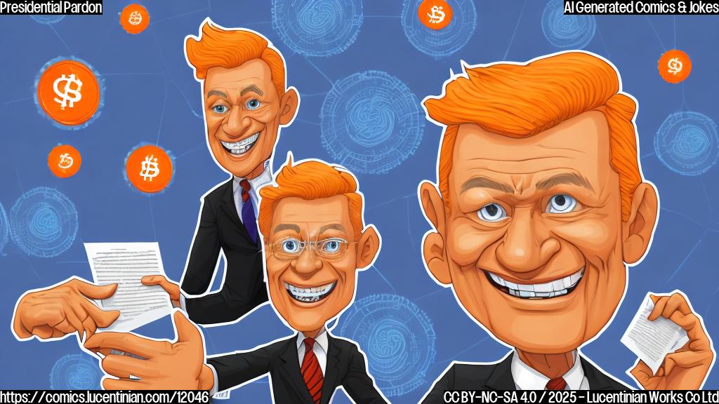 Cartoon image of a former president with bright orange skin and a distinctive hairstyle handing a scroll to a person wearing a suit with digital currency logos on it. The background shows a partially constructed wall made of computer code instead of bricks. The style should be simple, plain colors, and cartoonish.