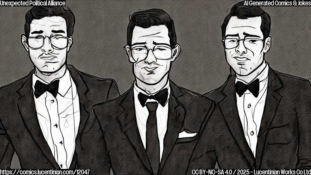 cartoon style, plain color background, two men, one in a dark suit and tie, the other in a slightly rumpled suit, embracing awkwardly. The background is a simple building facade with generic windows.