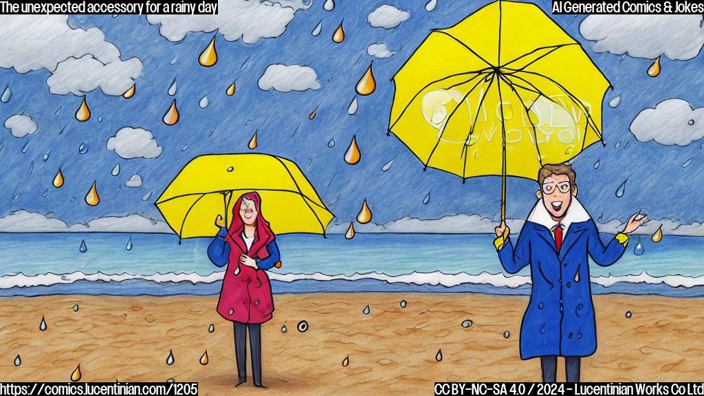 Draw a cartoon of a person standing on the beach, holding a large umbrella in one hand and looking surprised. The sky above them is dark with clouds and raindrops are falling from the sky. The person's face should be smiling, and their outfit should include a bright yellow raincoat and sunglasses to contrast with the gloomy weather.
