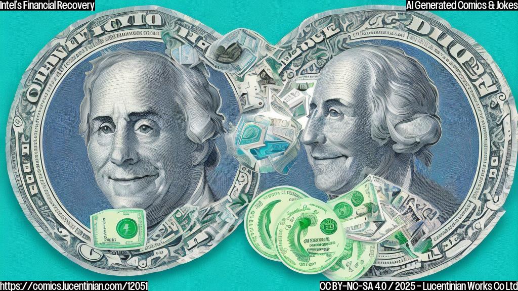 A cartoon style image with a light blue background. In the center is a stylized computer chip with a wide, happy smile. The chip is holding a stack of green dollar bills with both hands.
