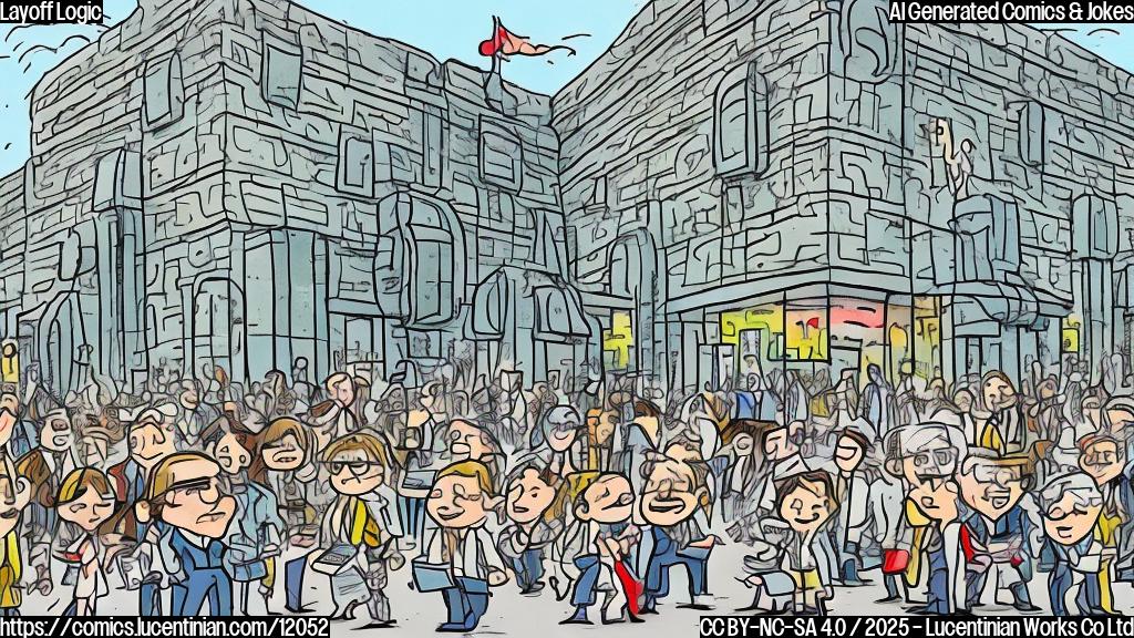 A plain color cartoon style picture of a large, stylized building labeled "Retail Corp HQ" with many small figures wearing business attire exiting through a large door. The building appears to be shrinking slightly. The background is a single, solid color.