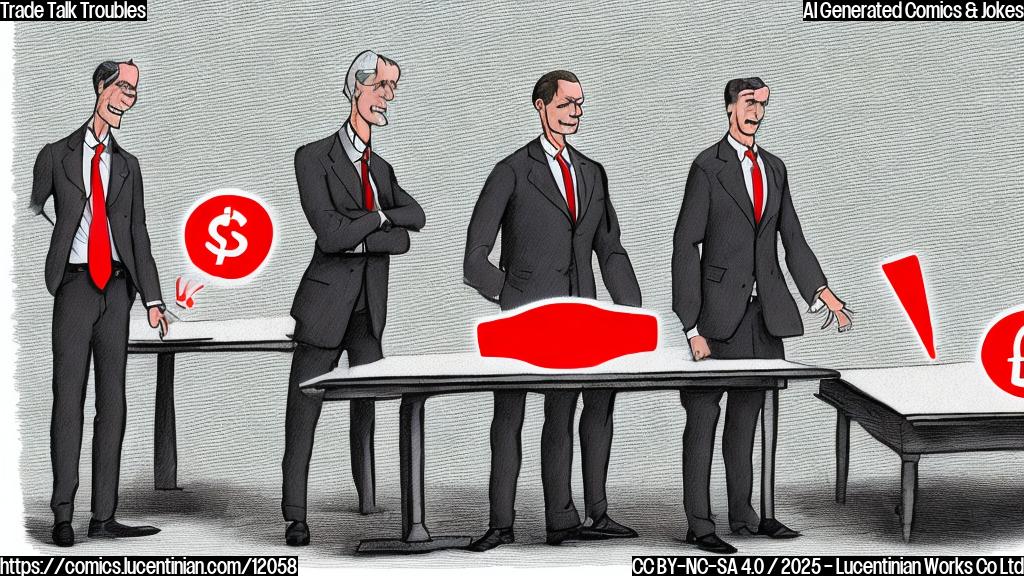 Cartoon style illustration of two generic men in suits standing on opposite sides of a table. A large, simple, red arrow points upwards between them, labeled "Tariffs". The background is a plain light blue.
