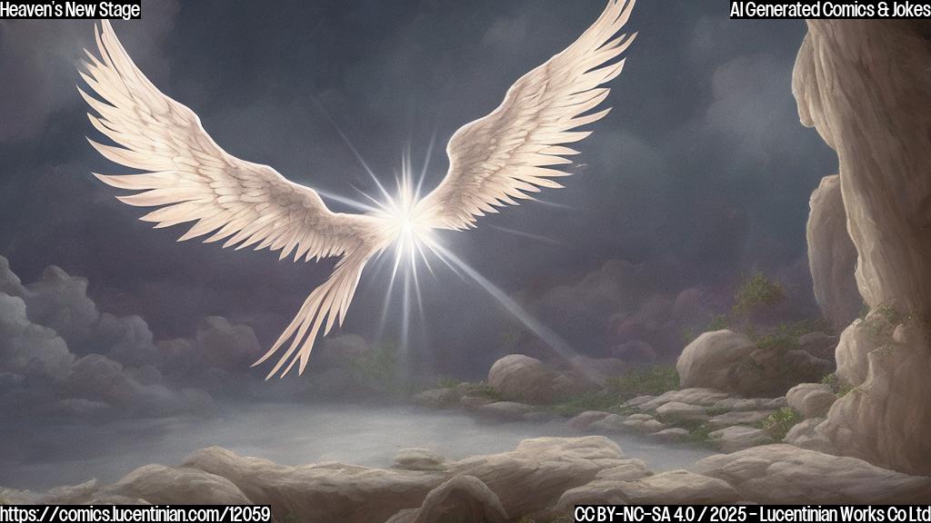 A single spotlight shining brightly on an empty stage in heaven, with a pair of angel wings gently floating above. The scene is rendered in a plain color cartoon style, emphasizing the serenity and peace.