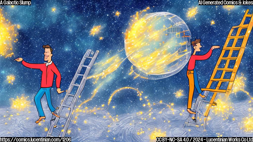 Illustrate a cartoon-style image of a person with a ladder standing in front of a galaxy with falling stars, surrounded by stock market charts and financial symbols.