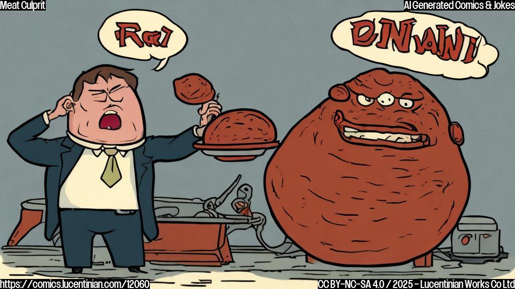 A plain color cartoon style drawing of a tiny, disgruntled urinary tract infection character wearing a miniature lawyer's suit, standing defiantly in front of a giant, menacing-looking piece of raw meat with an angry expression. The background is a simple light blue.
