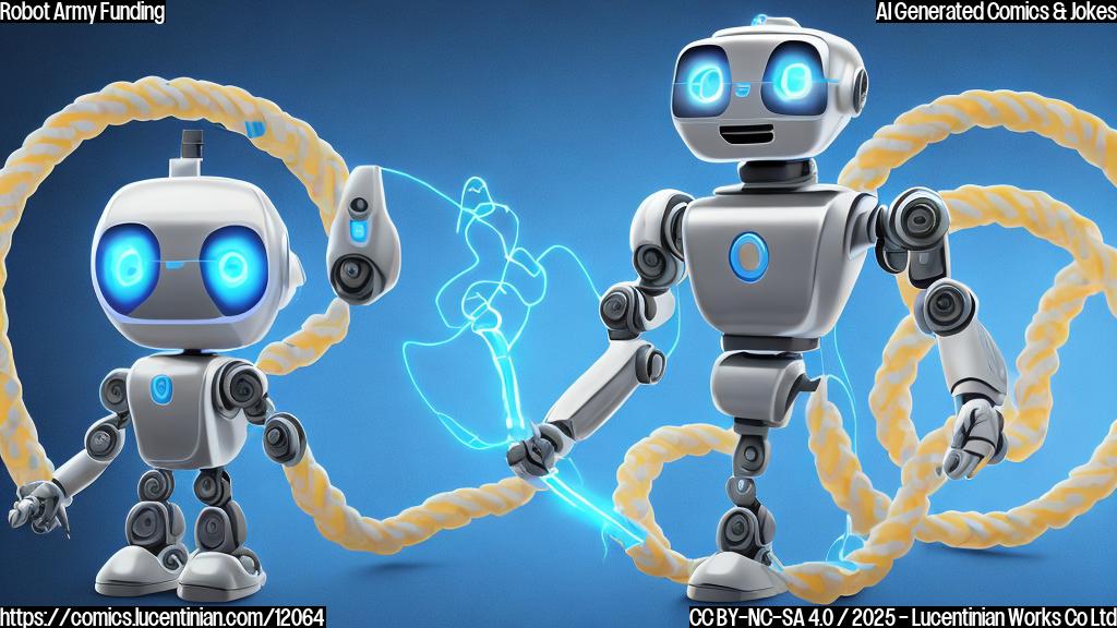 A simple, flat cartoon image with a light blue background. In the center is a stylized, slightly goofy-looking robot soldier holding a comically oversized, tangle-free charging cable. The robot is metallic gray with bright yellow eyes and a determined expression. The charging cable is bright red and perfectly coiled.